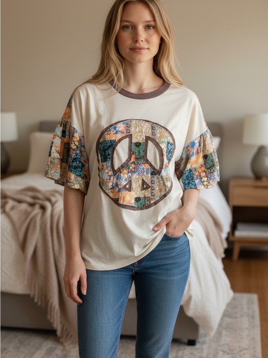 Tops - Boho Patchwork Peace Sign Short Sleeve Tee - Cream